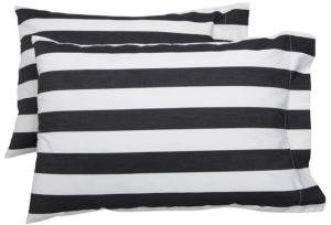 With the solid black duvet and solid-colored throw and pillow, I wanted to do a bold pattern for my sheet set.  How much bolder than black and white stripes can you get?  (Cottage Stripe Sheet Set, Pottery Barn Teen)